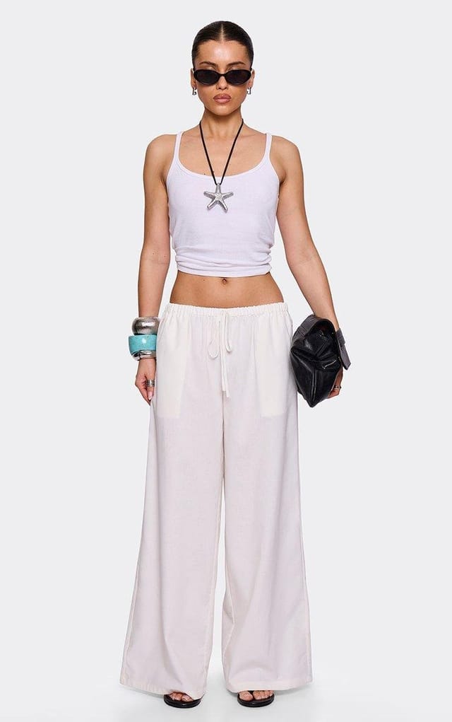 EGO Drawstring Waist Wide Leg Trousers In White Linen, Women's Size UK L - 2