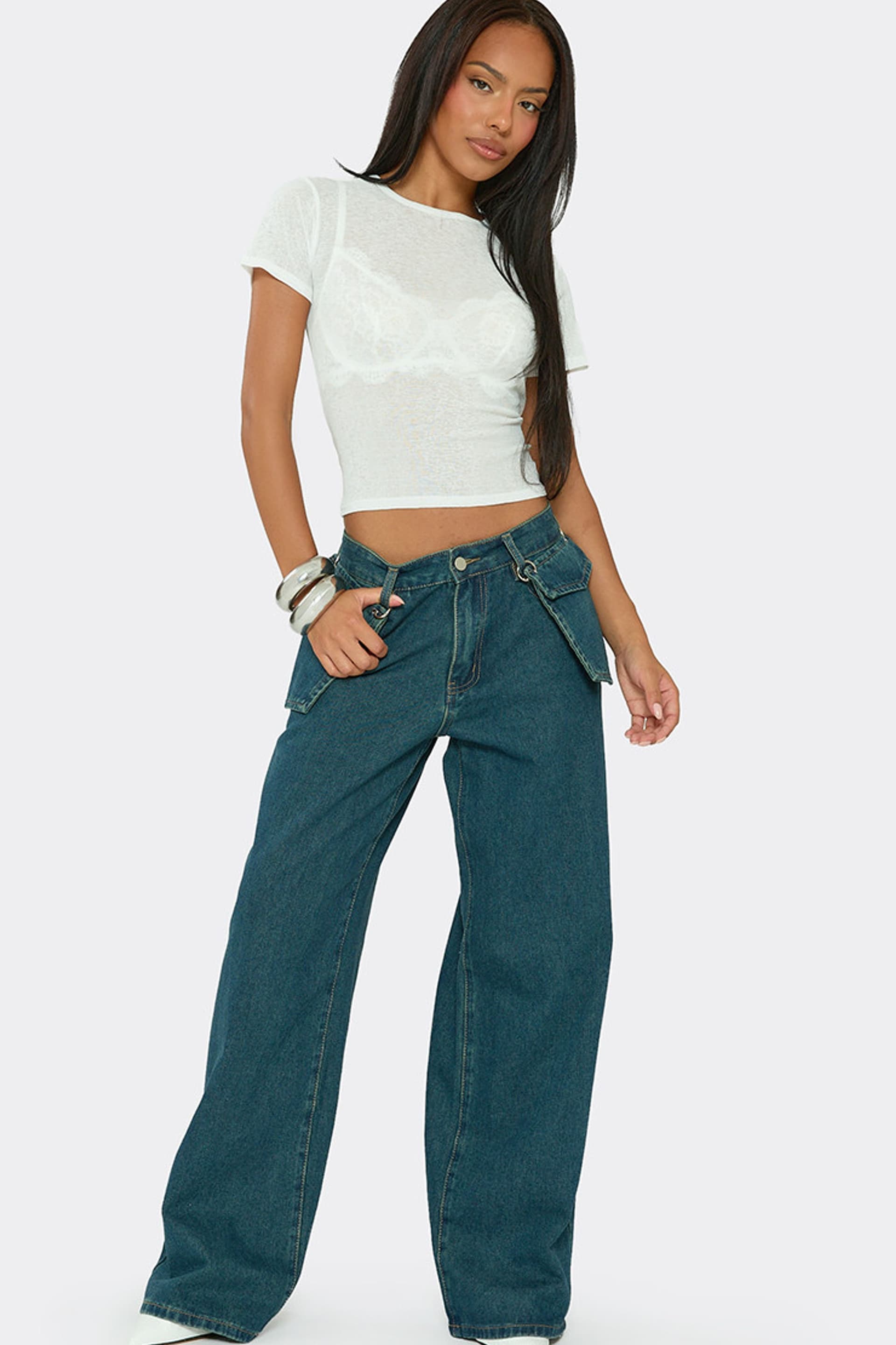 EGO EGO Women's Cargo Denim Low Rise Jeans in Dark Blue