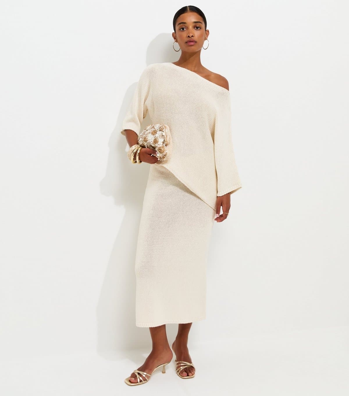 New Look Women's Off White Cotton Rich Open Knit Midi Skirt New Look