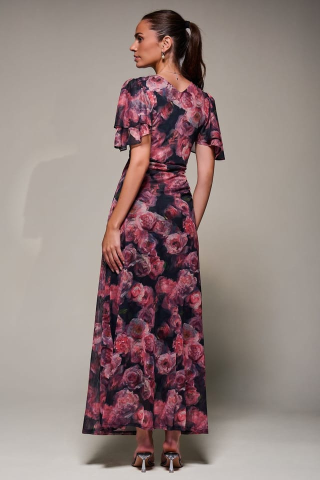 Jolie Moi Jolie Moi Women's Angel Sleeve Draped Mesh Maxi Dress in Pink - 2