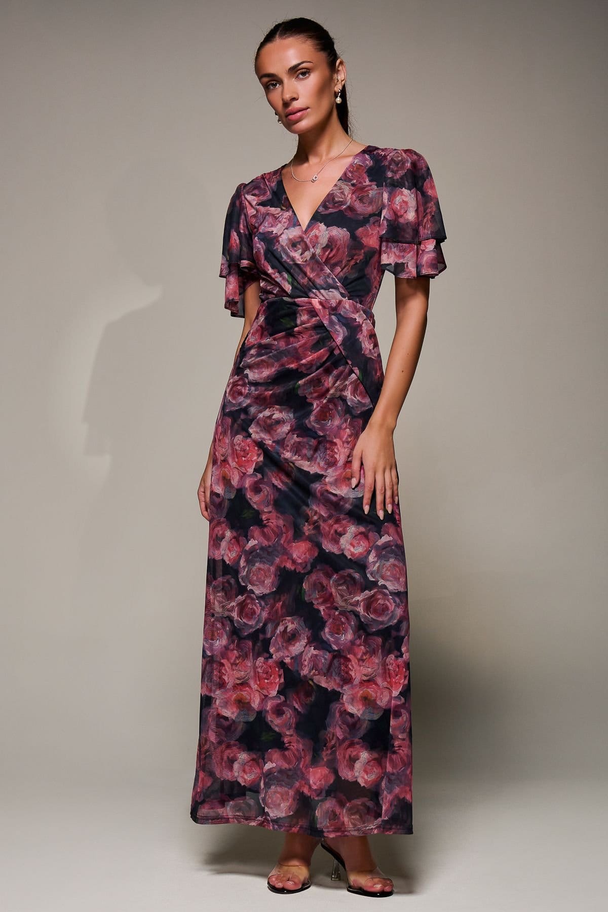 Jolie Moi Jolie Moi Women's Angel Sleeve Draped Mesh Maxi Dress in Pink - 4