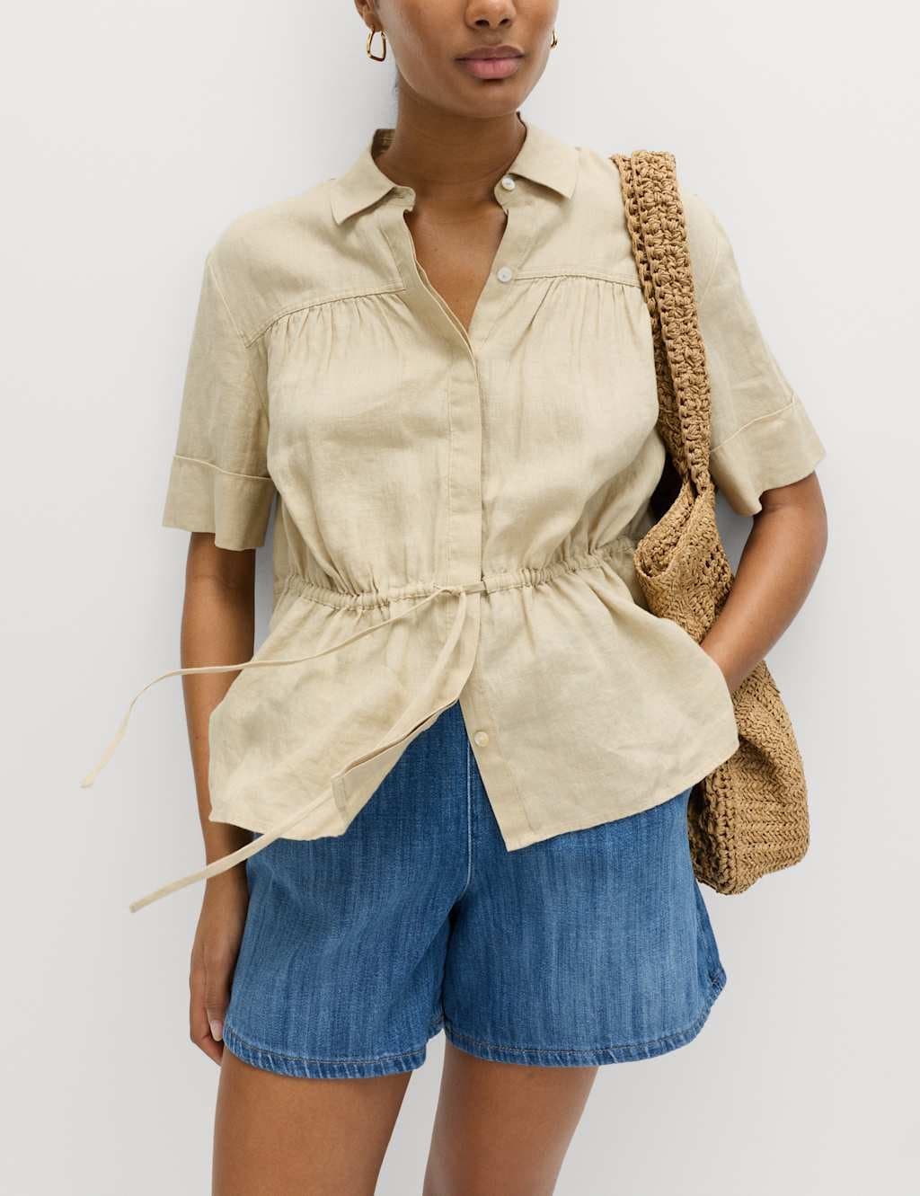 Marks & Spencer M&S Pure Linen Relaxed Drawstring Shirt Sandstone