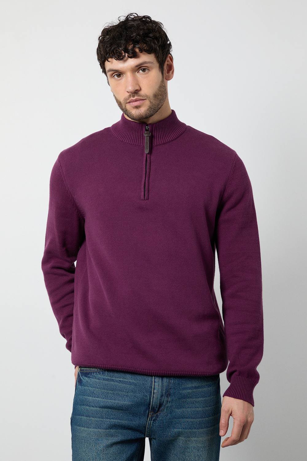 Maine Maine Men's Premium Pure Cotton Half Zip Funnel Jumper in Plum - 2