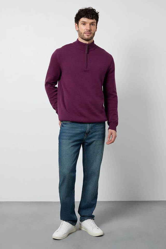 Maine Maine Men's Premium Pure Cotton Half Zip Funnel Jumper in Plum - 2