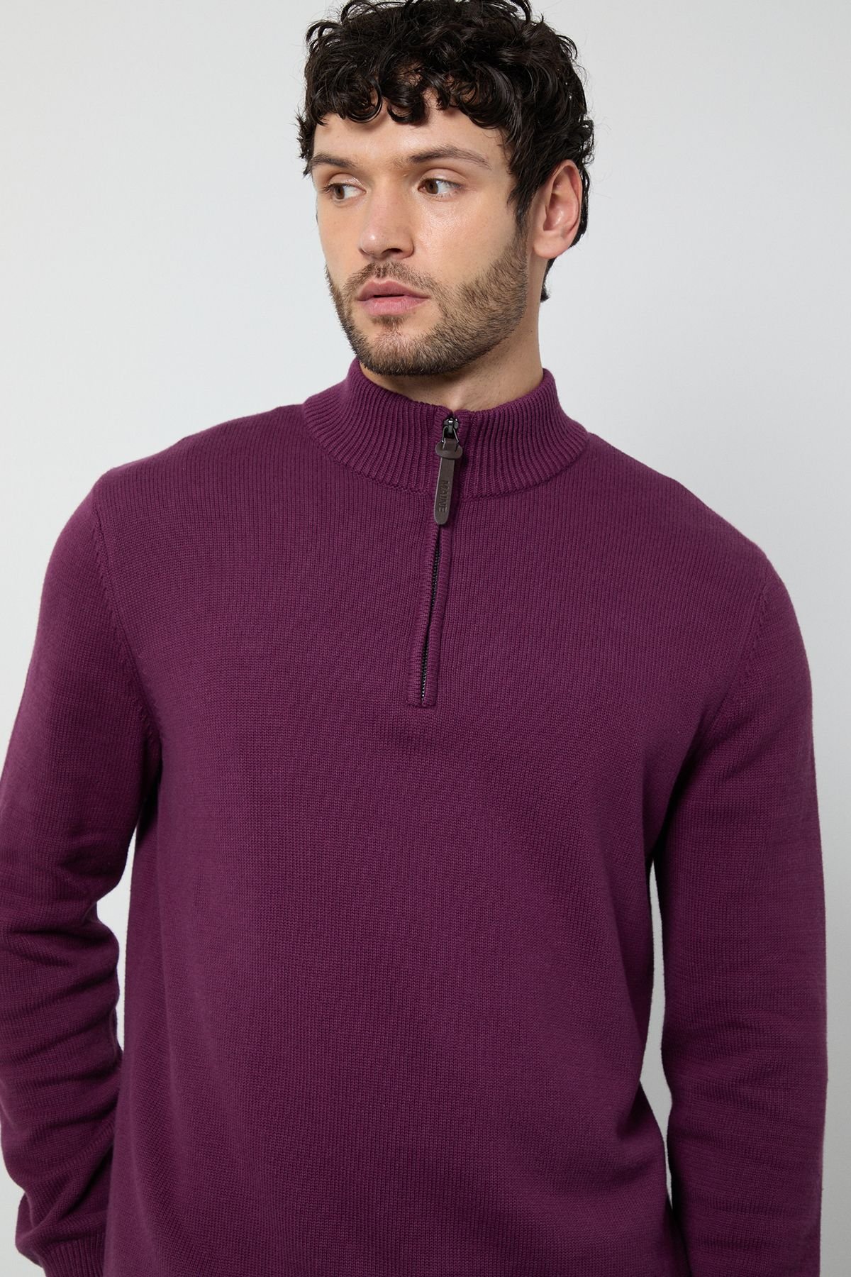 Maine Maine Men's Premium Pure Cotton Half Zip Funnel Jumper in Plum - 4