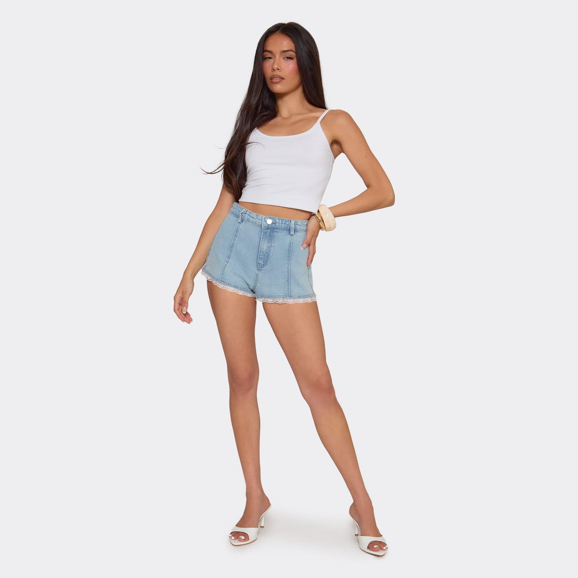 EGO Mid Rise Lace Trim Shorts In Blue Denim., Women's Size UK 6