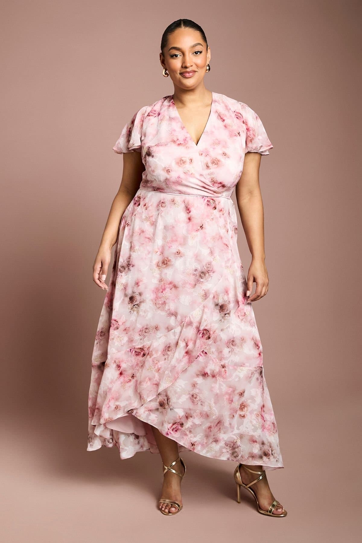 Coast Coast Women's Plus Printed Satin Jacquard Twist Front Midi Dress in Pink