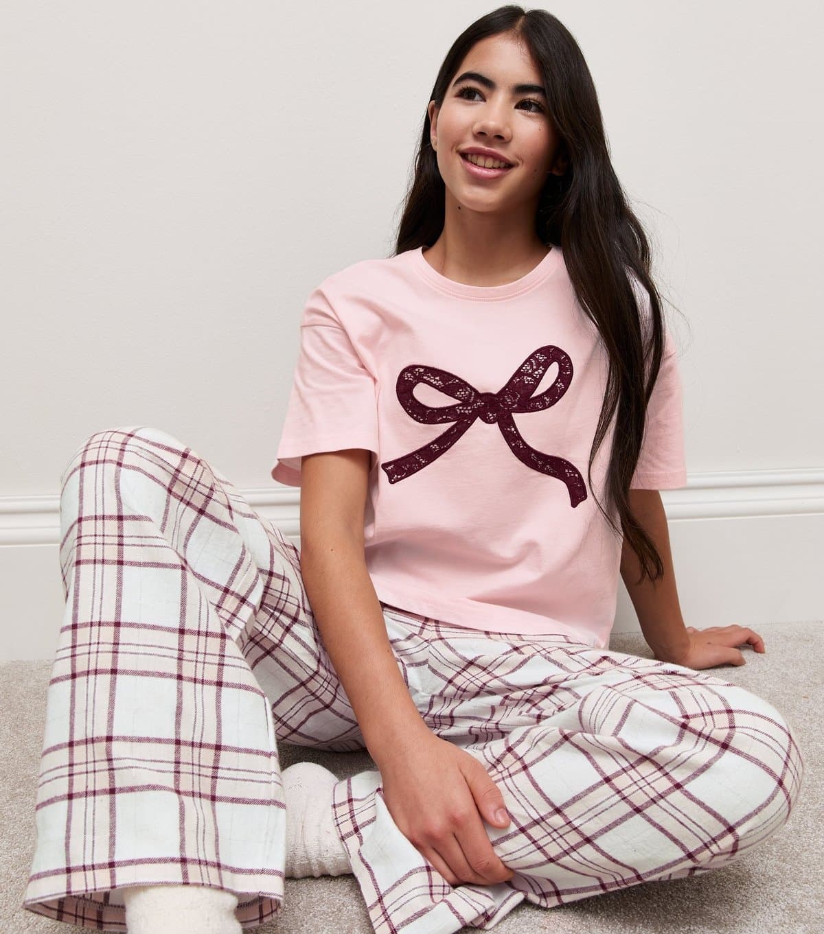 New Look Girls' Pink Cotton Rich Bow and Check Print Short Sleeve Top and Trousers Pyjama Set New Look