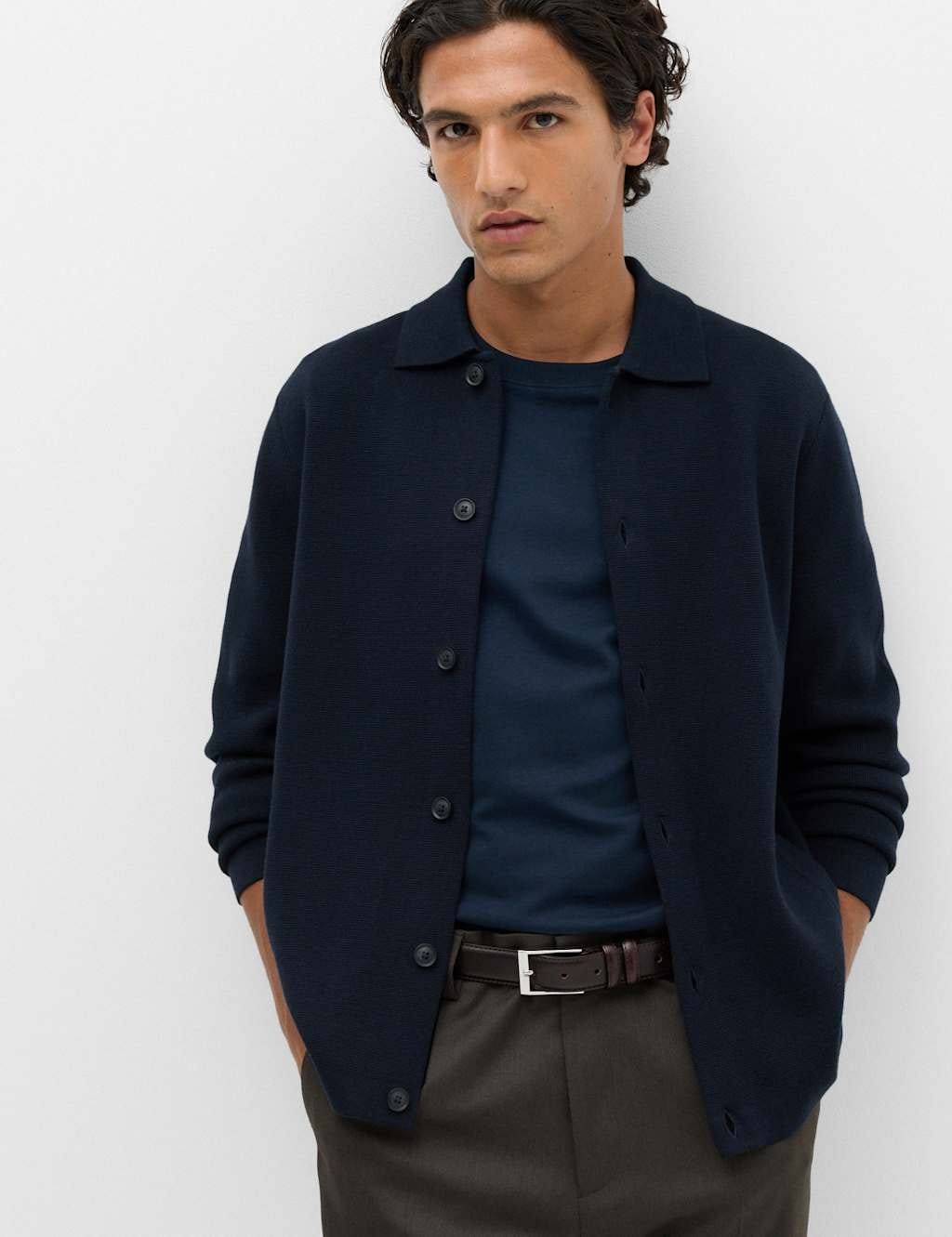 M&S Navy Cotton Blend Milano Knit Overshirt