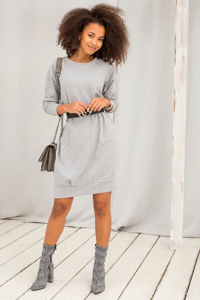 Love Lace Love Lace Women's Casual Cotton Elastane Knee Day Dress in Grey - 2