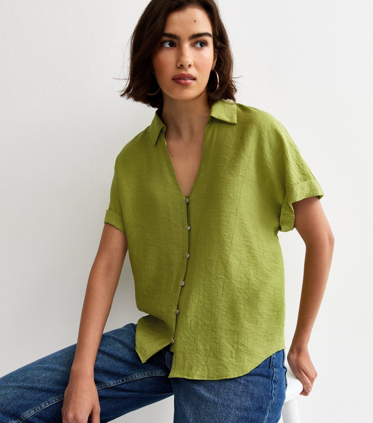 New Look Women's Green Crinkled Short Sleeve Shirt New Look