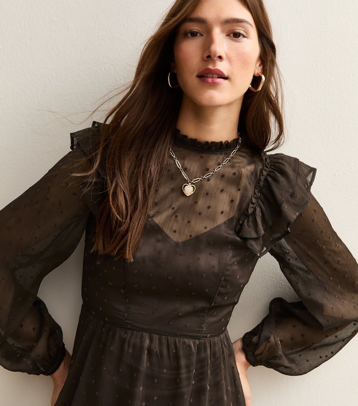 New Look Women's Brown Flocked Polka Dot Ruffled Mini Dress New Look