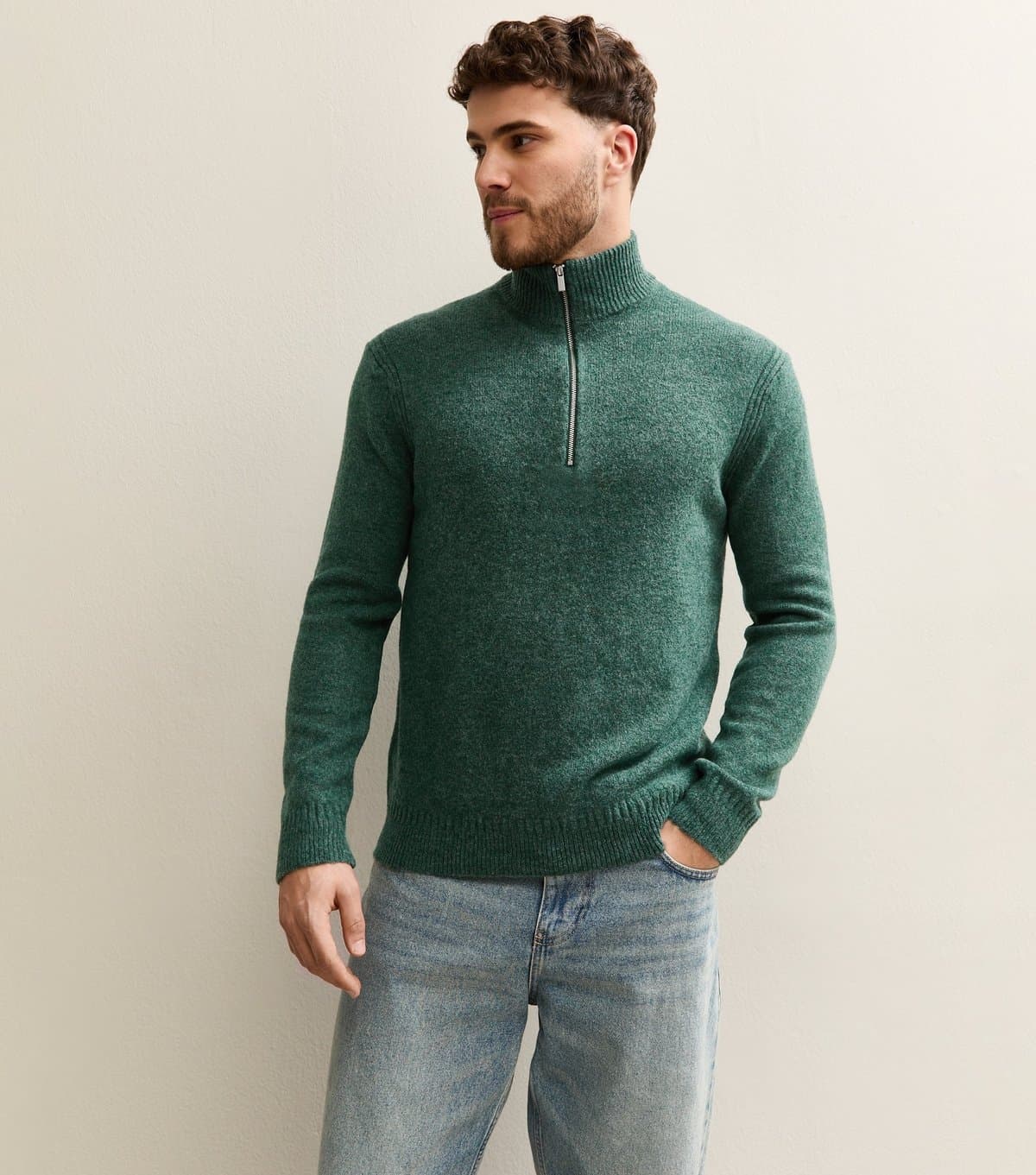 Only and Sons Men's Dark Green Regular Brushed Half Zip Jumper Only and Sons New Look