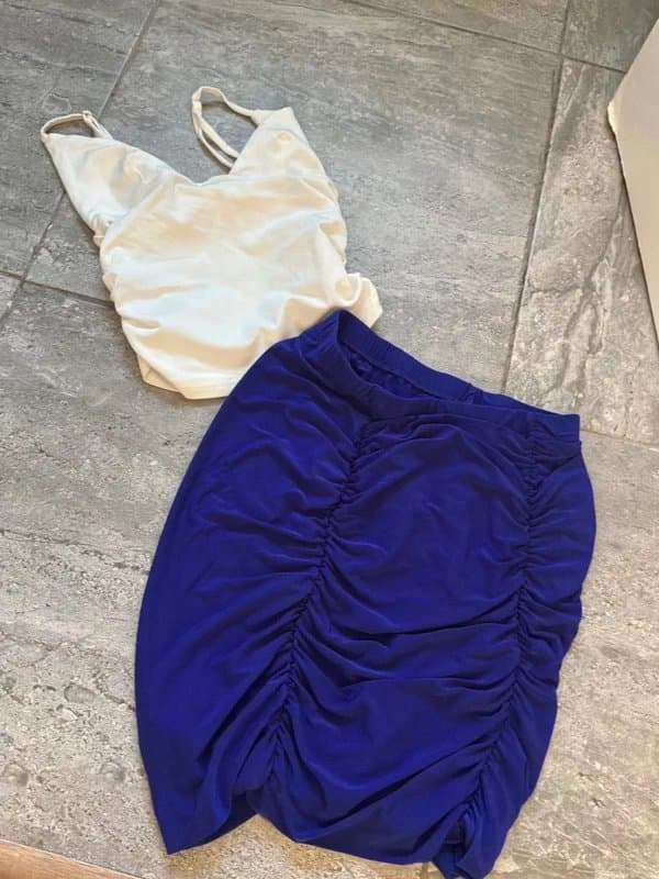 unbranded White cami top & blue ruched detail mini skirt festival co ord set  size XS