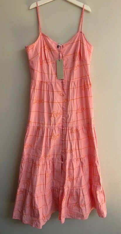 Never Fully Dressed Women’s New UK 12 Never Fully Dress Pink Love Midi Dress Cami Straps Button Summer Wedding