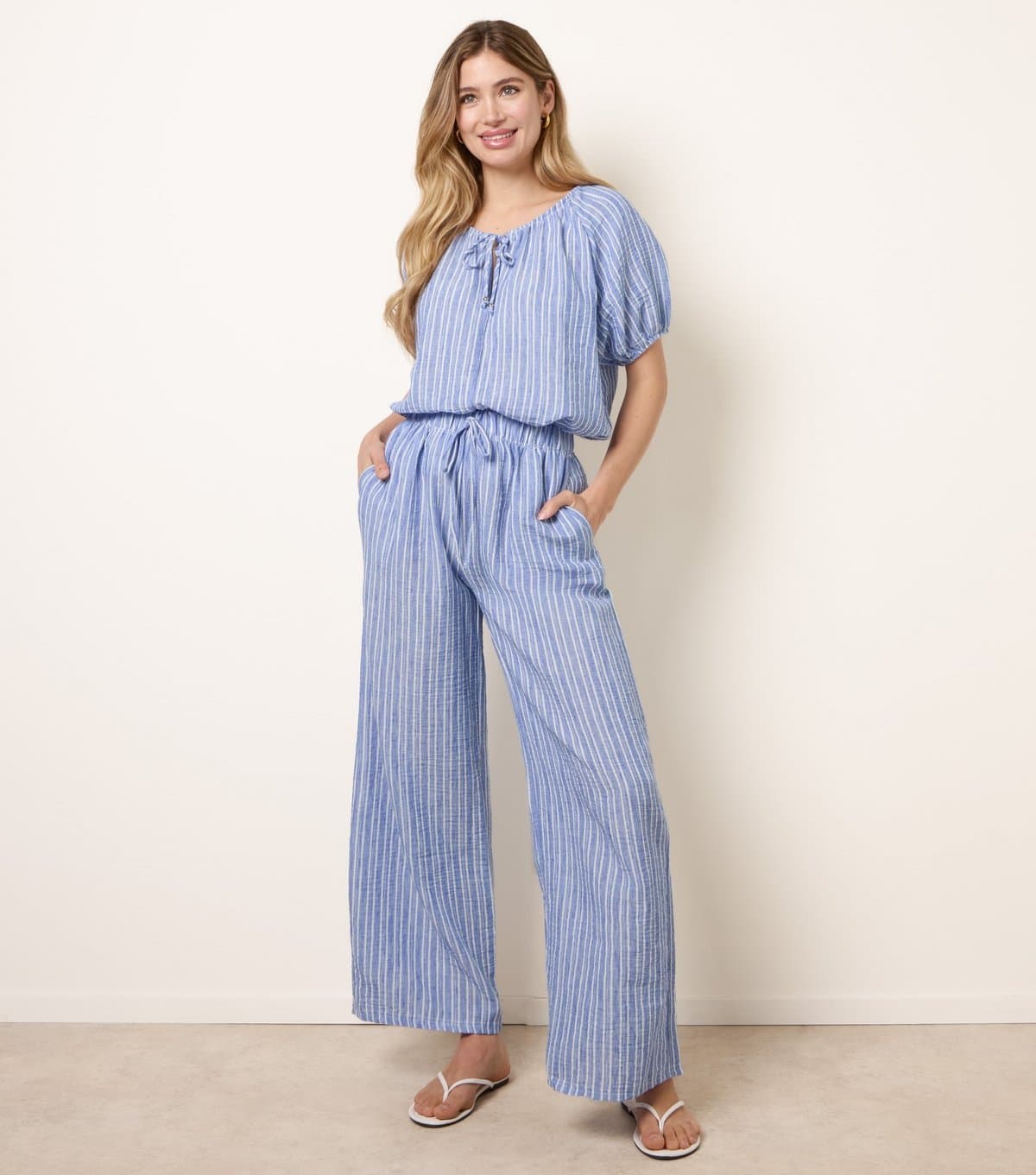 Blue Vanilla Women's Blue Tie Stripe Wide Leg Trousers Blue Vanilla New Look