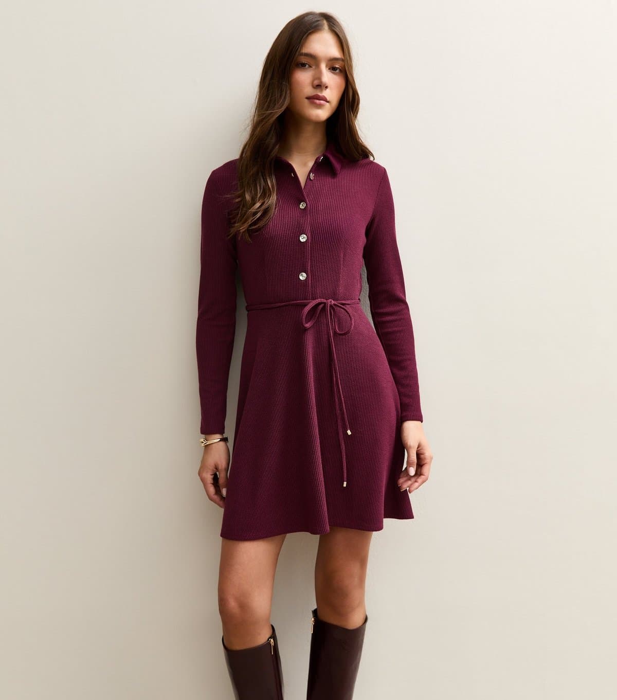 New Look Women's Dark Burgundy Button Through Collared Mini Dress New Look