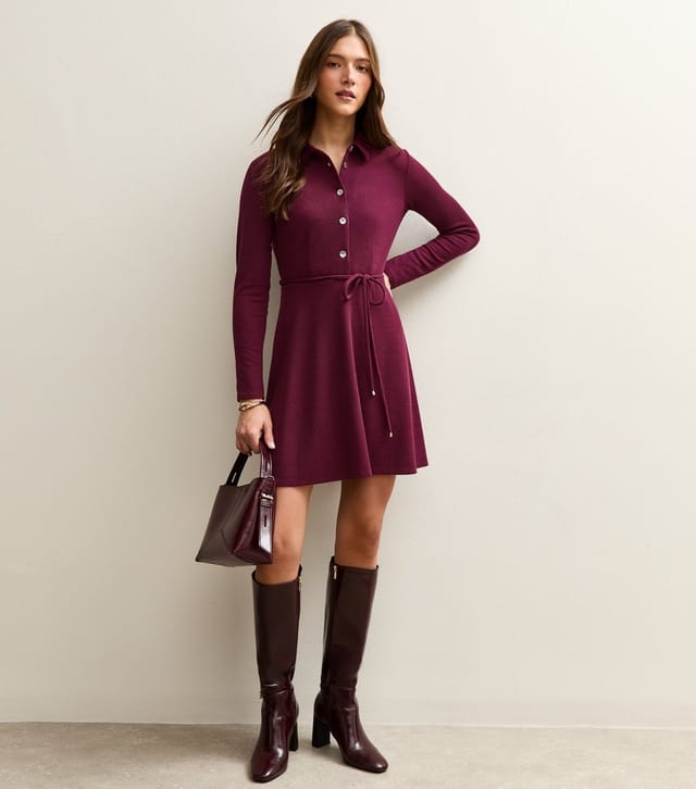New Look Women's Dark Burgundy Button Through Collared Mini Dress New Look - 2