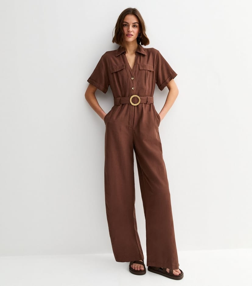 New Look Women's Dark Brown Short Sleeve Belted Jumpsuit New Look - 1
