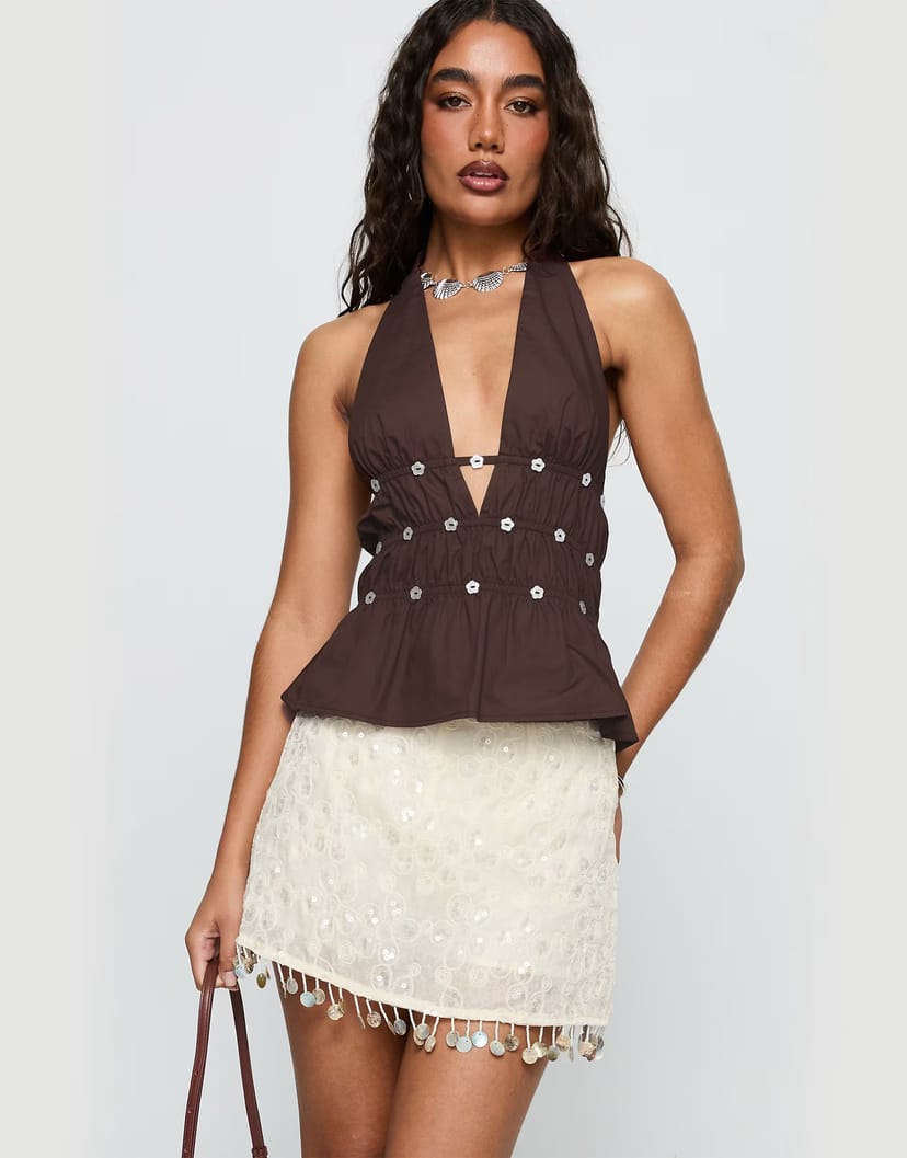 ASOS Princess Polly We Made It floral sequin pearl tassel hem mini skirt in cream - 1