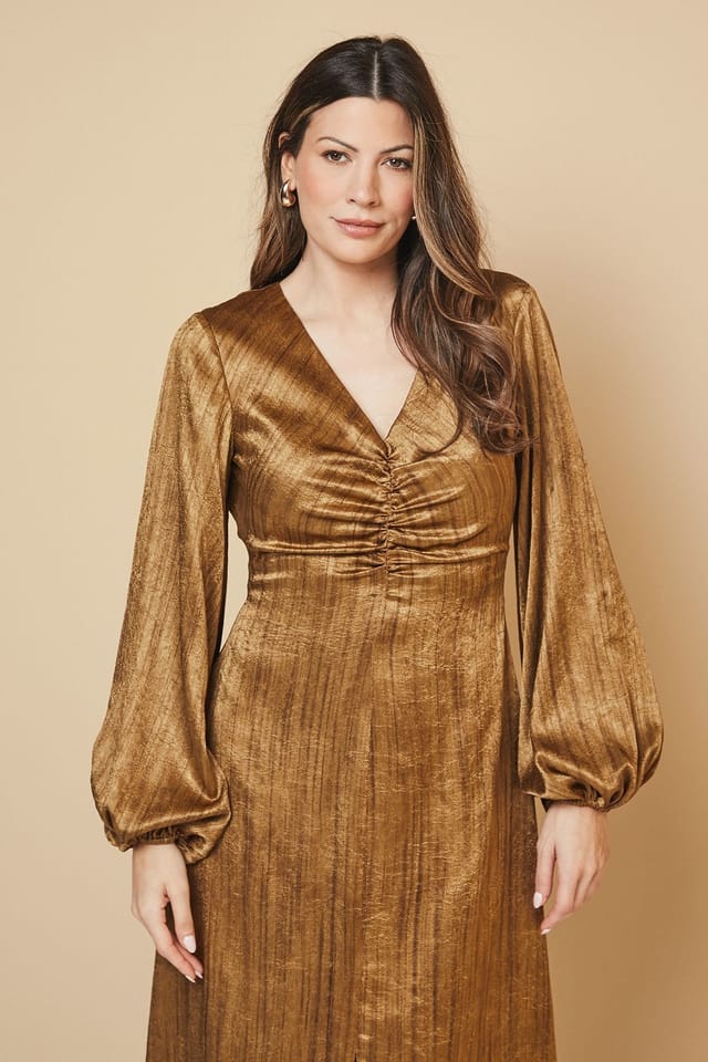 Wallis Wallis Women's Shimmer Satin Ruched Midi Dress in Gold - 2