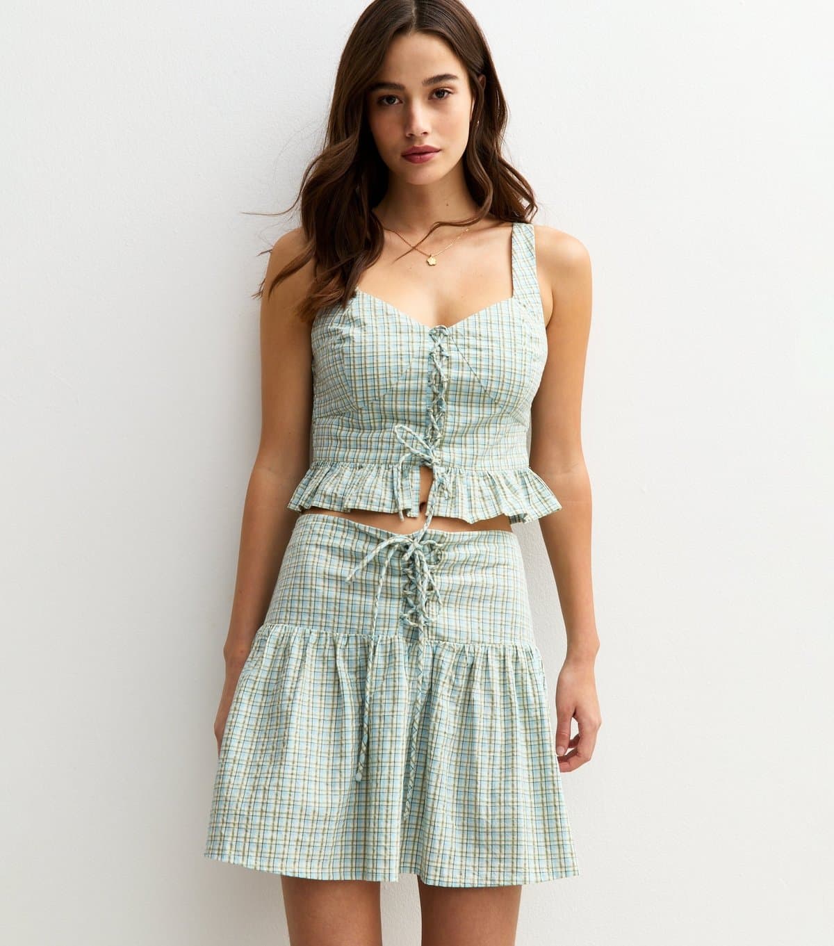 New Look Women's Green Check Print Lace Up Mini Skirt New Look