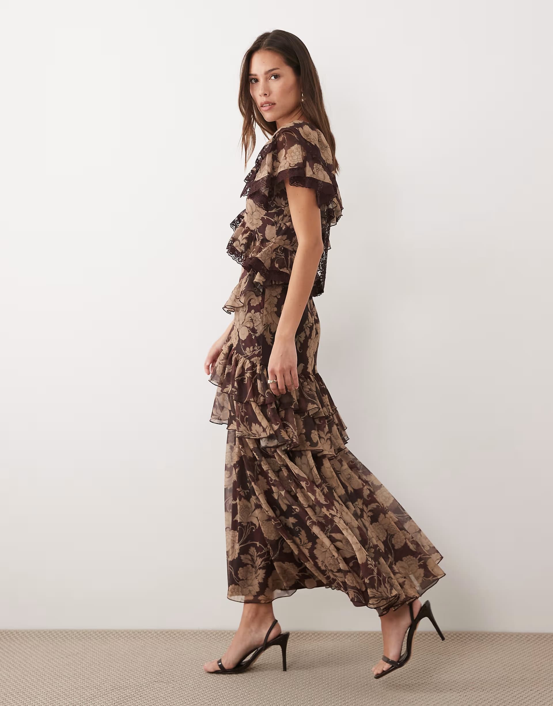 ASOS ASOS DESIGN full hem ruffle dress with trim detail and open back in brown floral