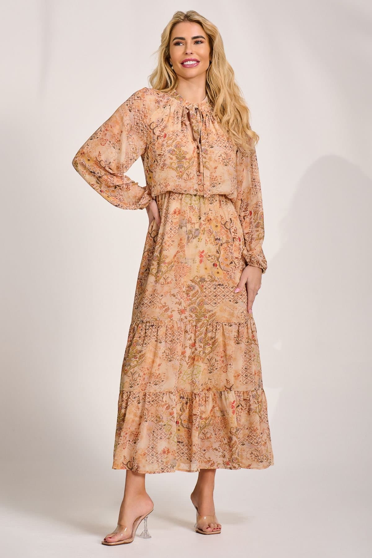 Jolie Moi Jolie Moi Women's Chiffon Long Sleeve Tiered Maxi Dress in Burnt Orange