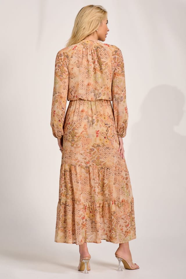Jolie Moi Jolie Moi Women's Chiffon Long Sleeve Tiered Maxi Dress in Burnt Orange - 2