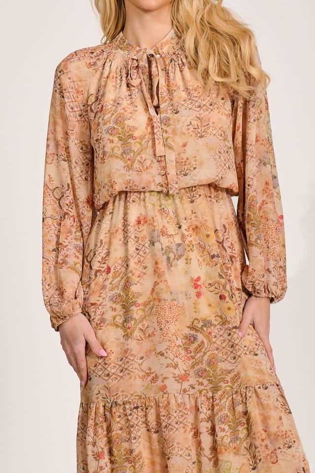 Jolie Moi Jolie Moi Women's Chiffon Long Sleeve Tiered Maxi Dress in Burnt Orange - 3