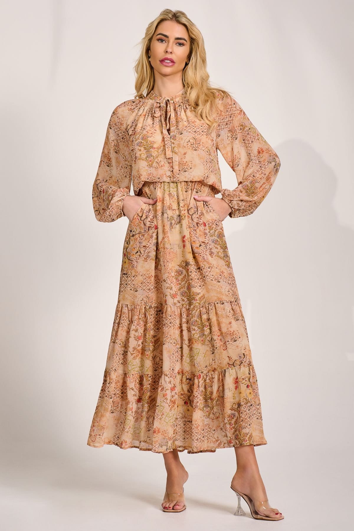 Jolie Moi Jolie Moi Women's Chiffon Long Sleeve Tiered Maxi Dress in Burnt Orange - 4
