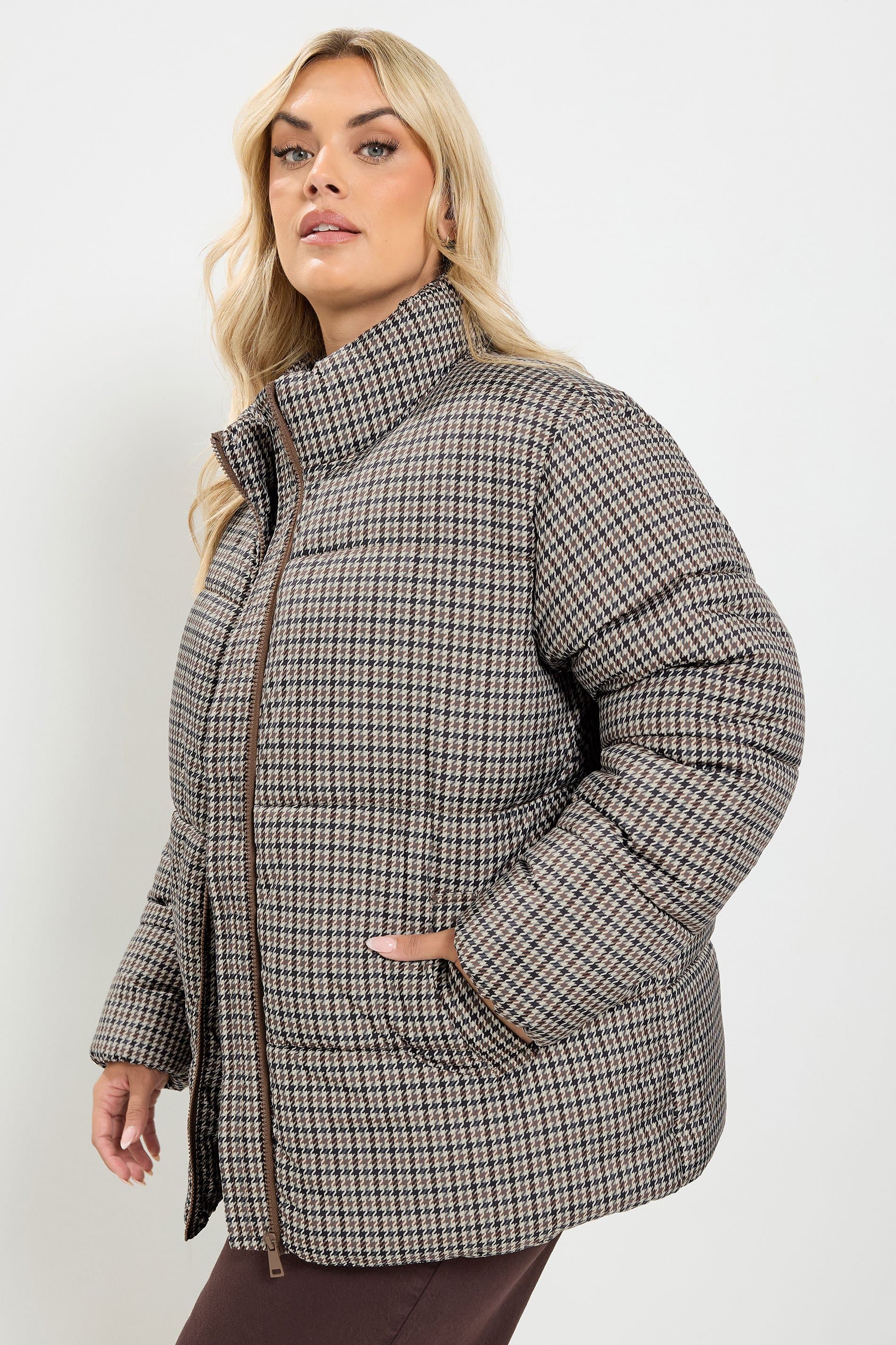 Yours Plus Size Brown Dogtooth Padded Parka Coat