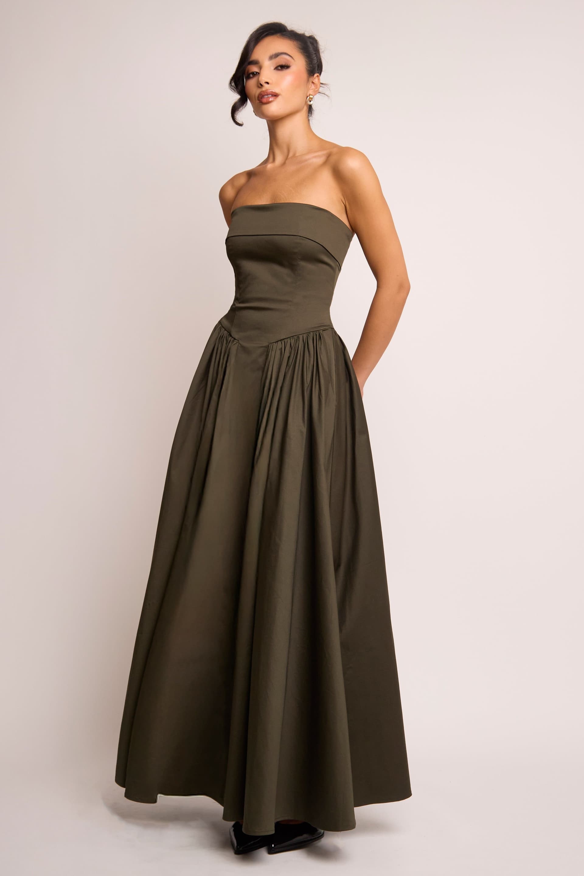 Jaded Rose Jaded Rose Women's Edith Olive Bandeau Corset Gown Maxi Dress in Dark Olive