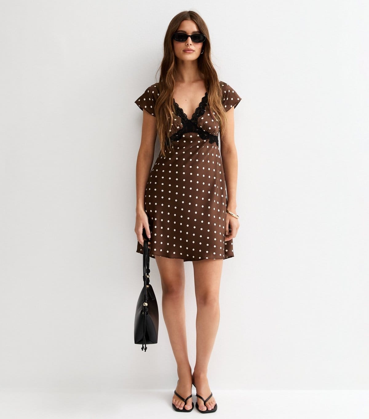 New Look Women's Dark Brown Satin Polka Dot Scalloped Trim Mini Dress New Look - 4