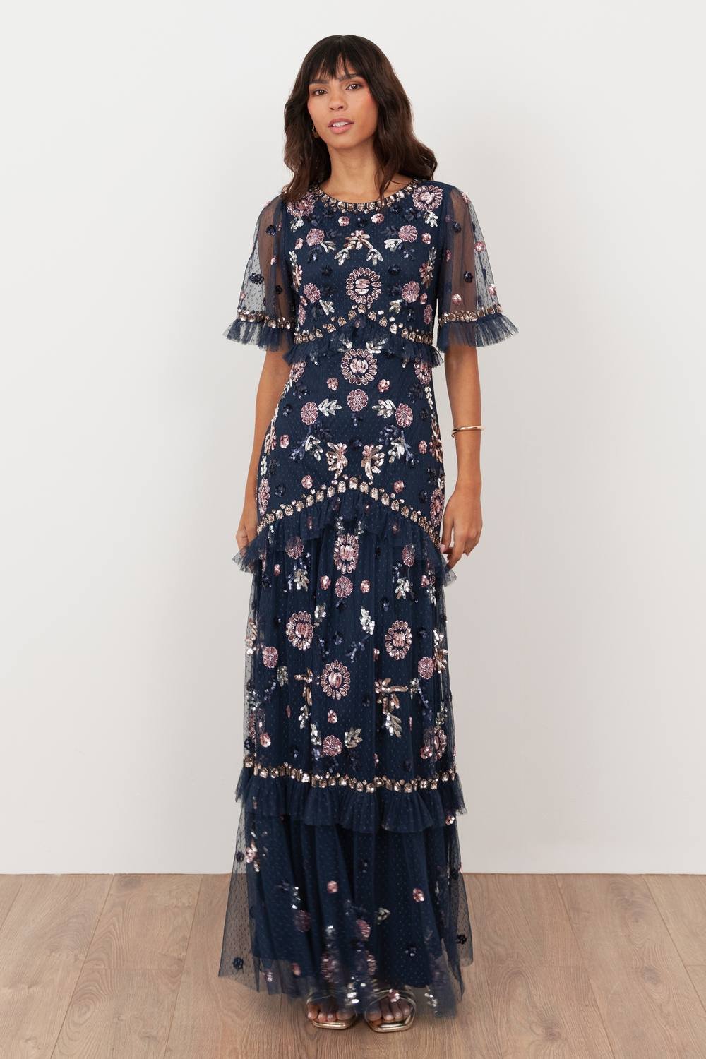 Maya Deluxe Maya Deluxe Women's Embellished Short Sleeve Spot Mesh Maxi Dress in Dark Navy - 2