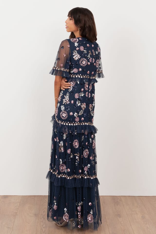 Maya Deluxe Maya Deluxe Women's Embellished Short Sleeve Spot Mesh Maxi Dress in Dark Navy - 2
