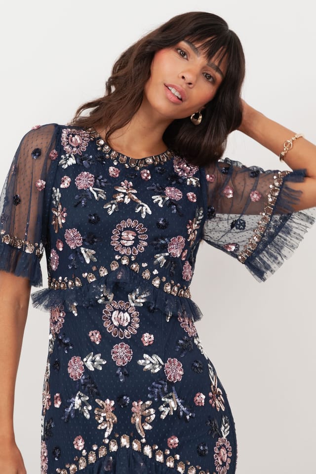 Maya Deluxe Maya Deluxe Women's Embellished Short Sleeve Spot Mesh Maxi Dress in Dark Navy - 3