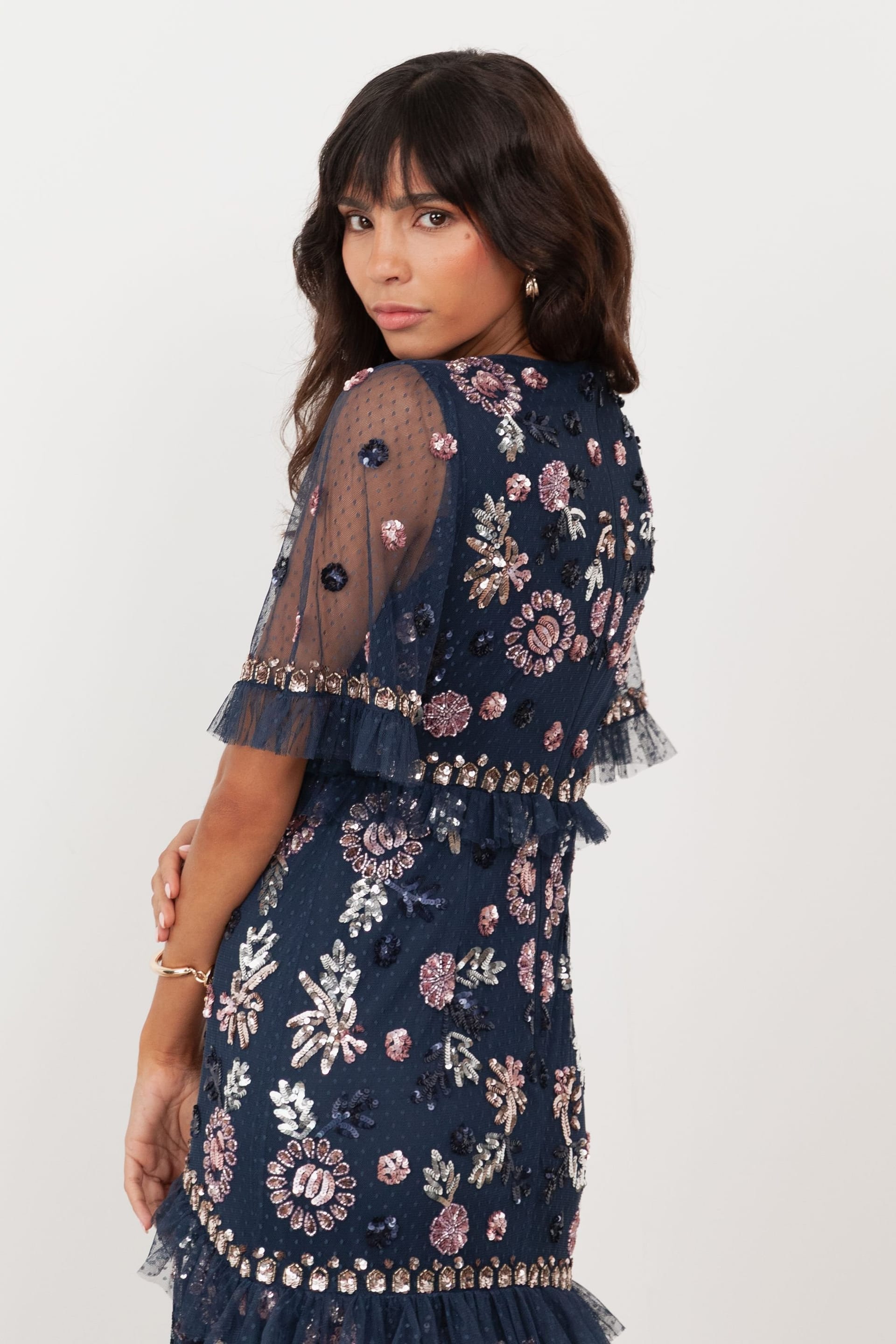 Maya Deluxe Maya Deluxe Women's Embellished Short Sleeve Spot Mesh Maxi Dress in Dark Navy - 4