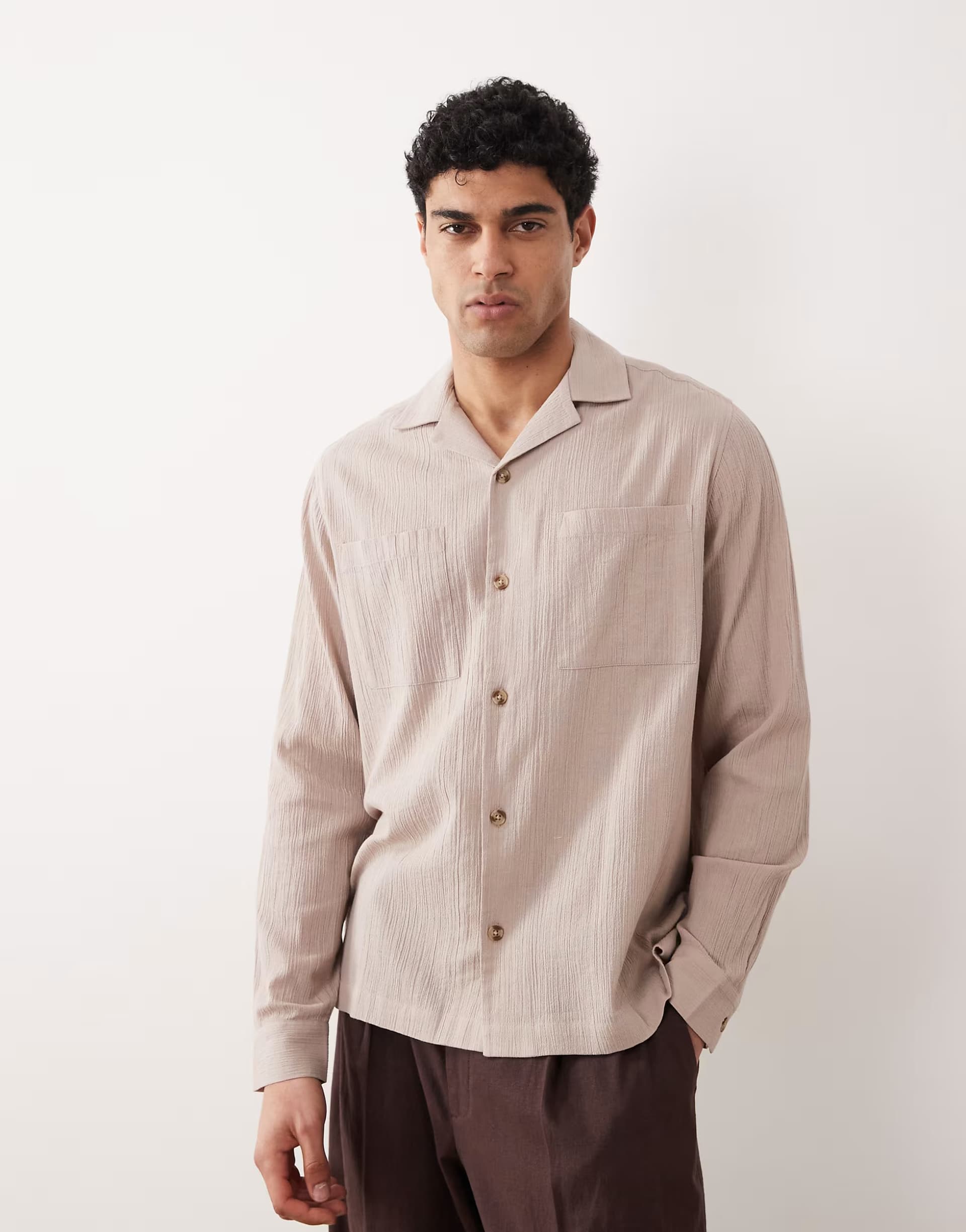 ASOS ASOS DESIGN relaxed revere crinkle texture shirt in beige