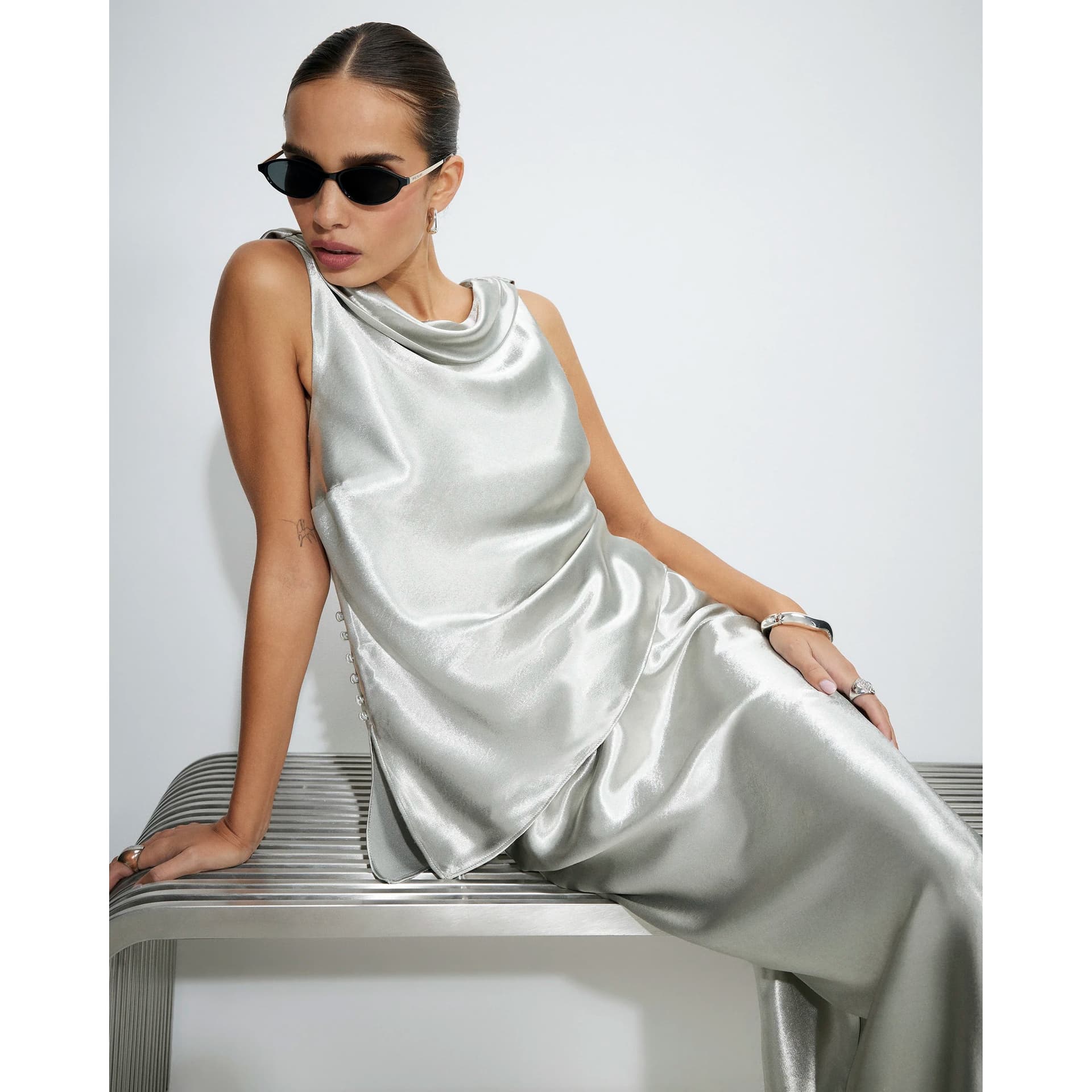 River Island River Island Womens Silver Premium Metallic Cowl Neck Top