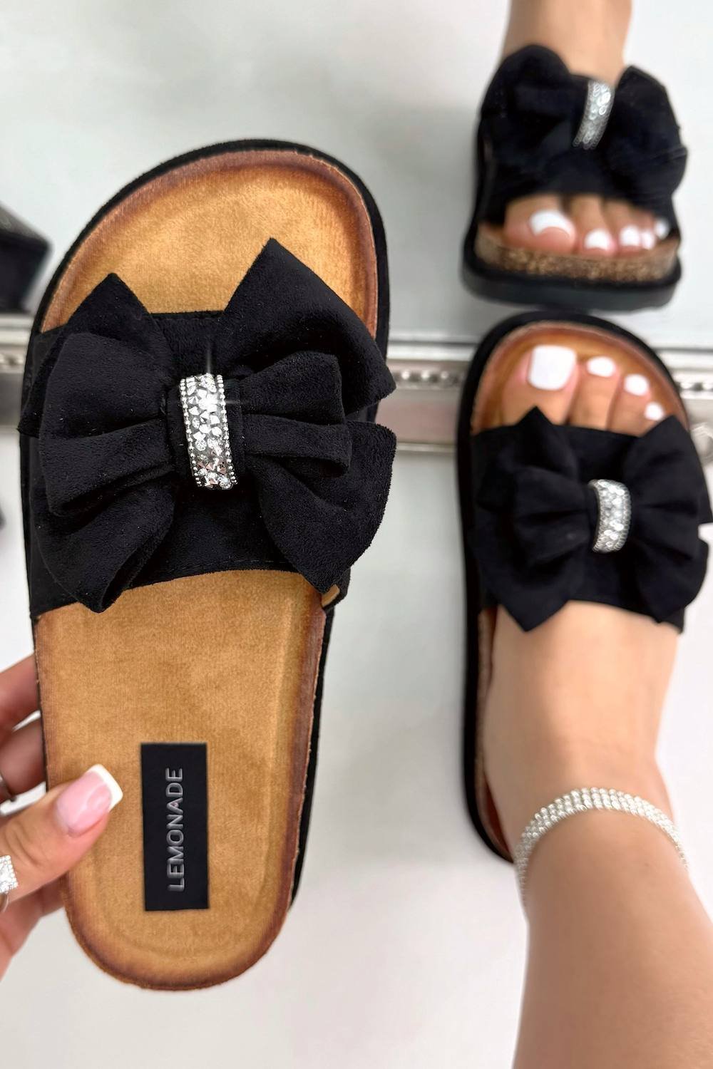 Love Lemonade Love Lemonade Women's Sparkly Velvet Bow Platform Sliders in Black - 4