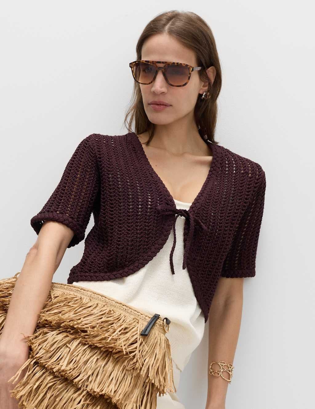 Marks & Spencer M&S Open Stitch V-Neck Tie Fastening Cardigan Raisin