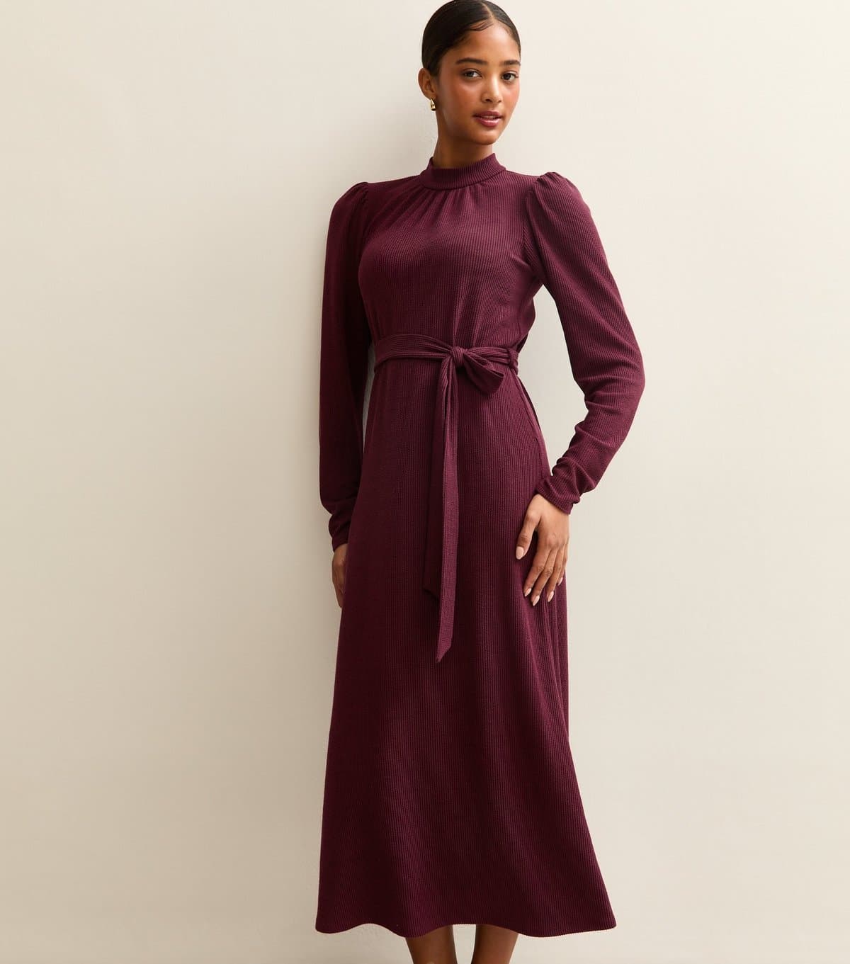 New Look Women's Dark Burgundy Crinkled High Neck Midi Dress New Look