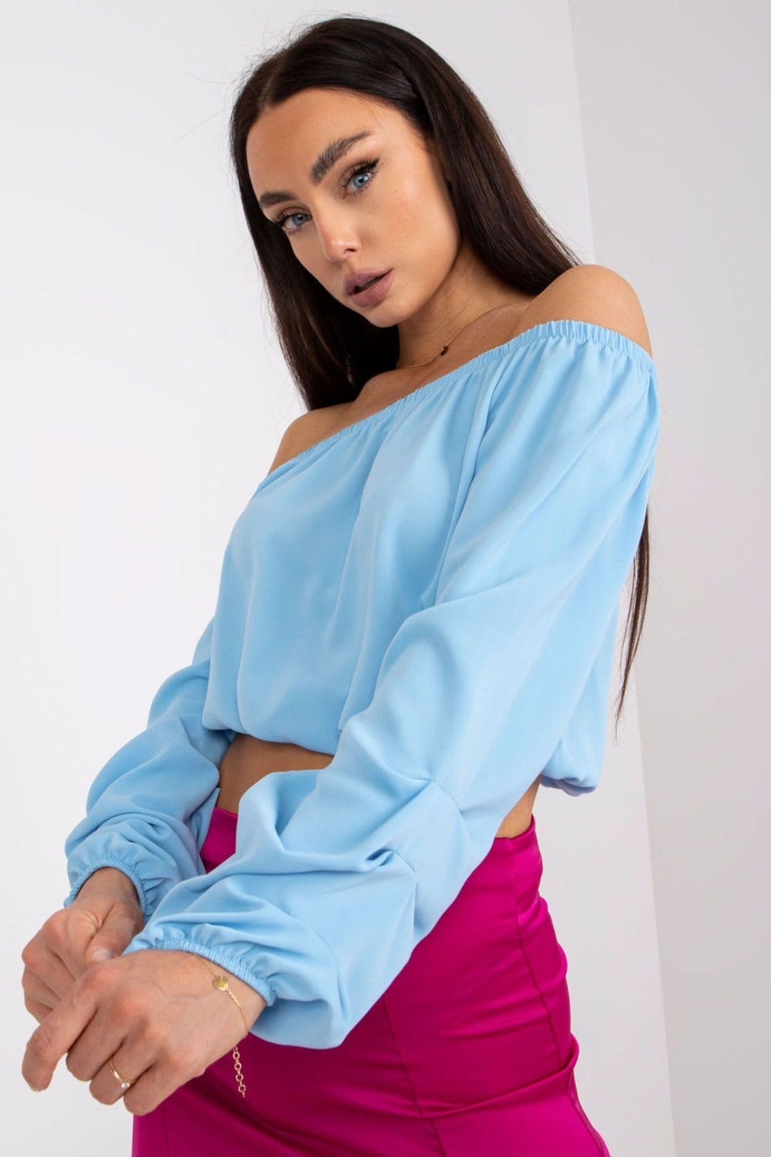 Love Lace Blue Shoulder Revealing Blouse with Wide Sleeves