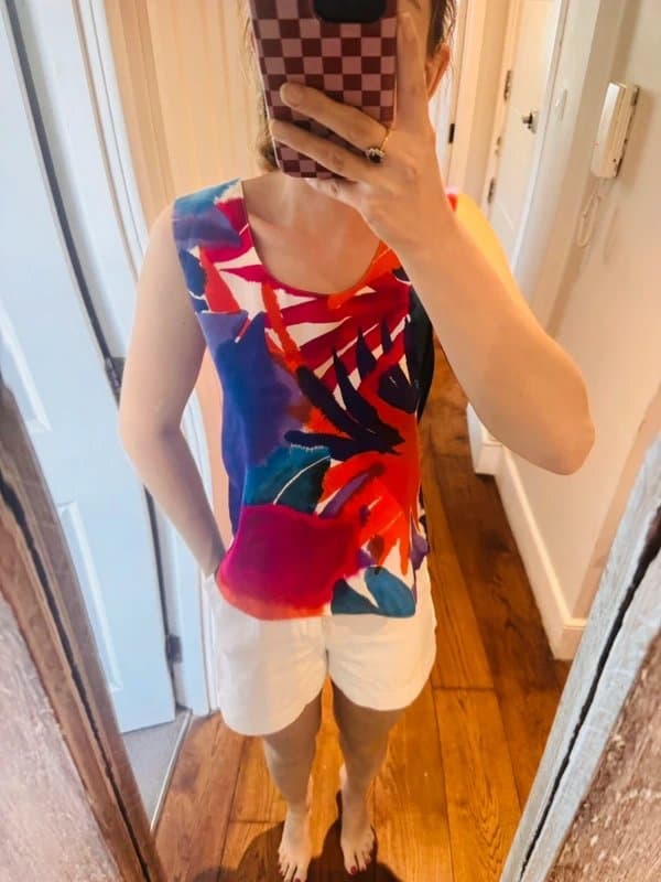 Vintage Dressing Vintage UK 8 Cotton Abstract Watercolour Print Open Back Sleeveless Top Pink Purple Orange White