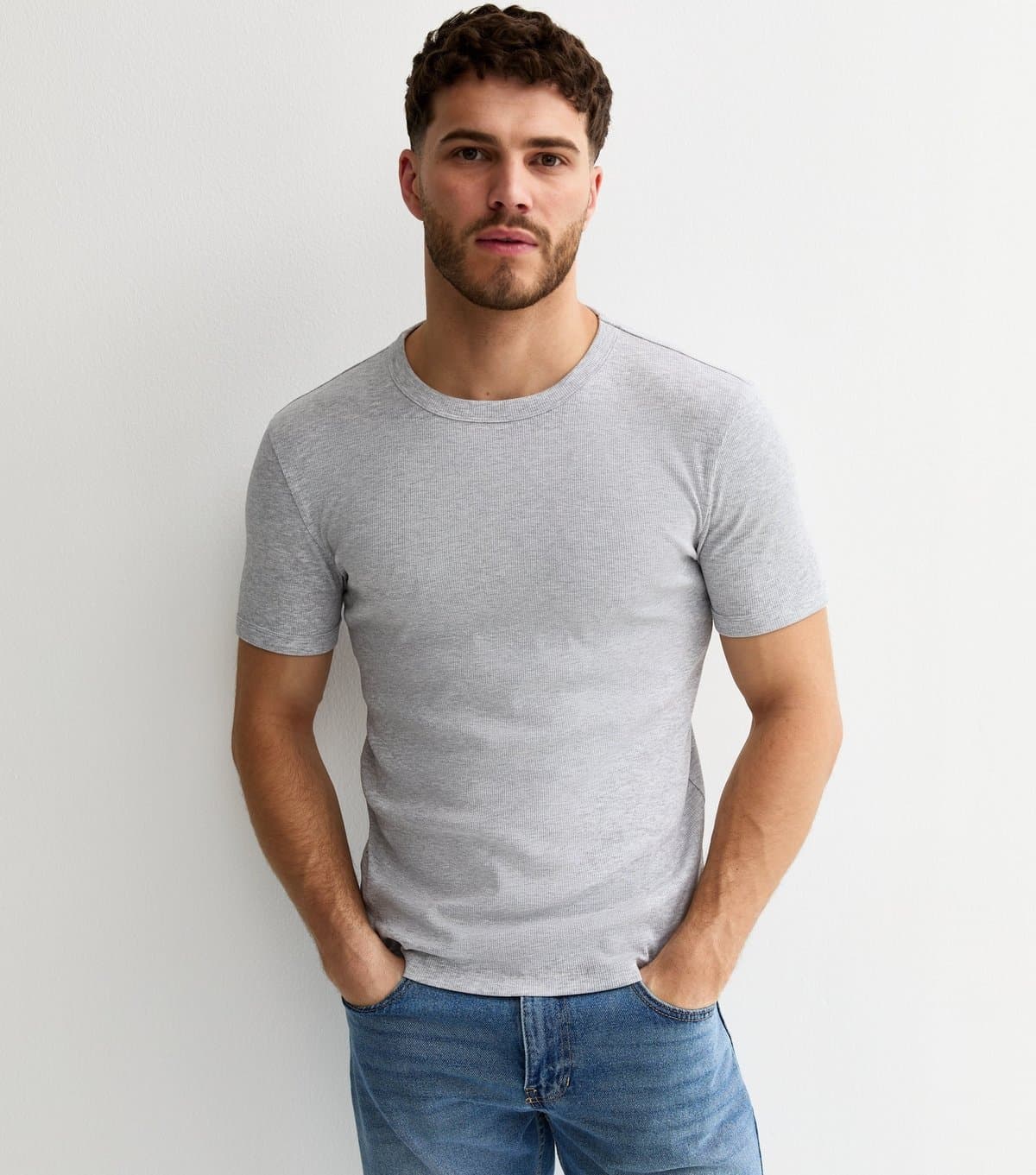 New Look Men's Grey Marl Muscle Fit Rib T-Shirt New Look