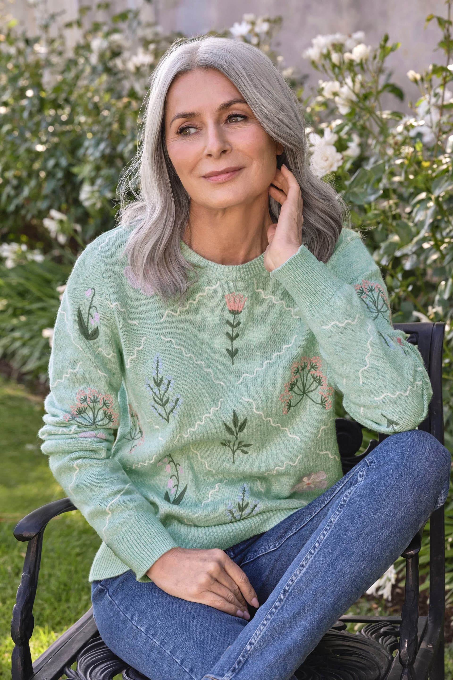 WoolOvers WoolOvers Women's Flower Trellis Jumper in Green