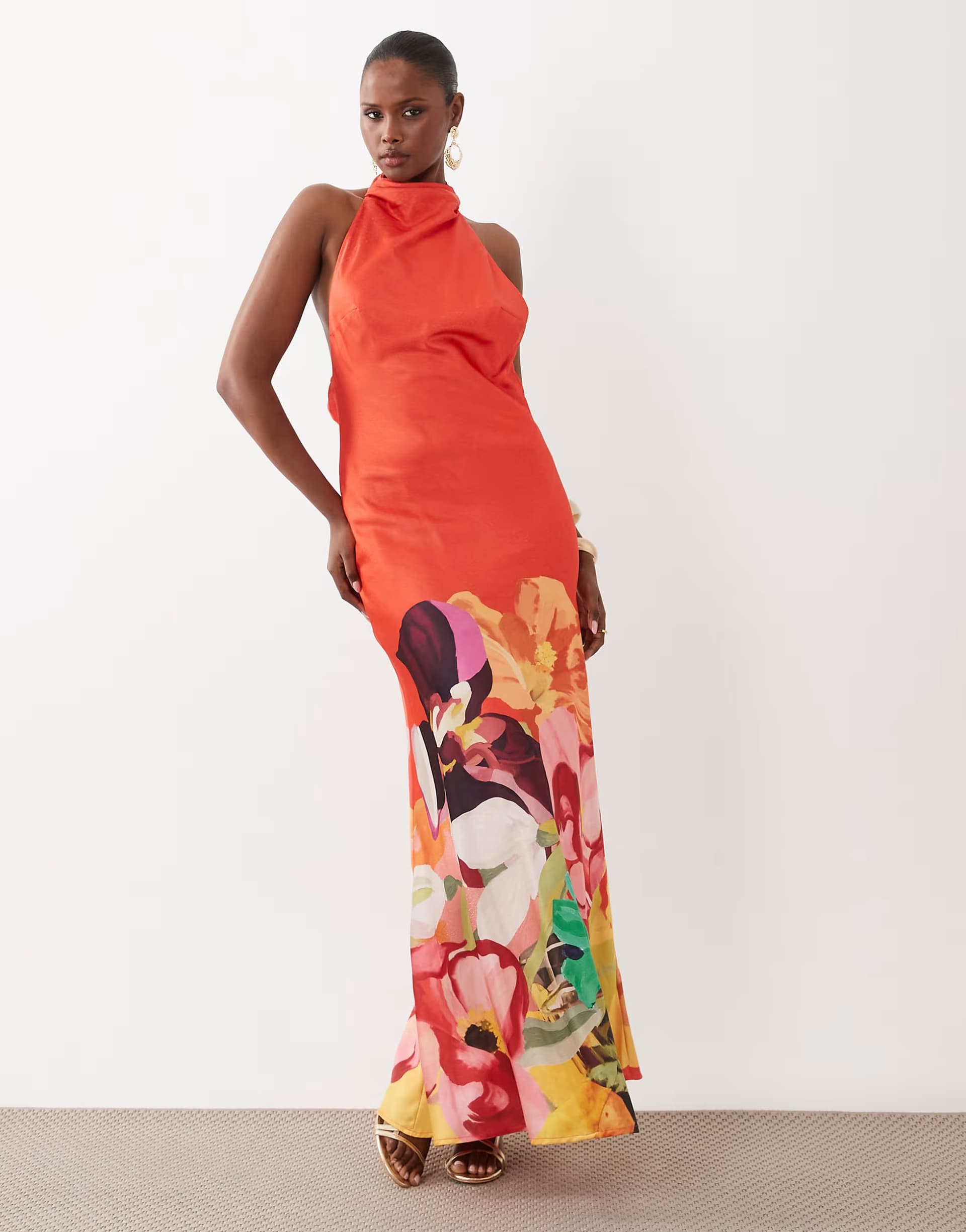 ASOS ASOS DESIGN high neck halter maxi dress in red placement floral print