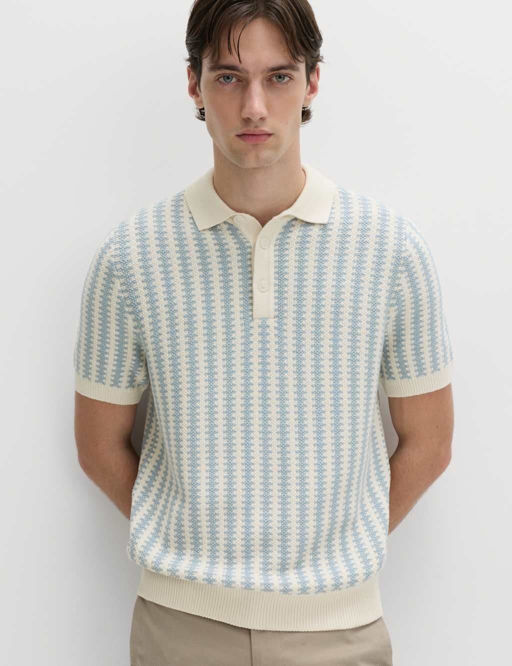 Marks & Spencer M&S Pure Cotton Textured Striped Knitted Polo Shirt Soft Blue Mix
