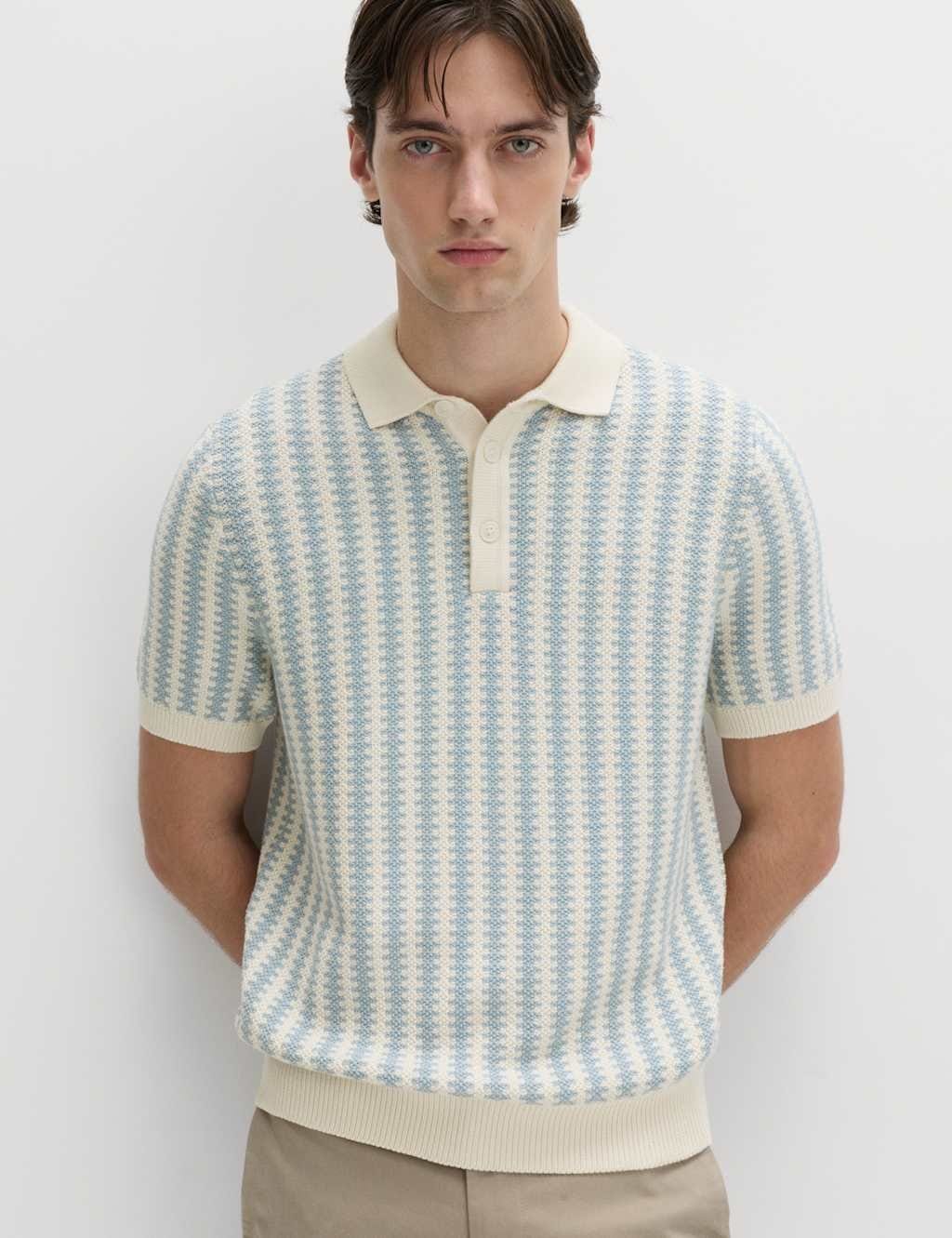 M&S Soft Blue Mix Cotton Striped Polo Shirt